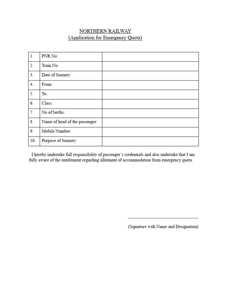 Northern Railway Emergency Quota Form | PDF