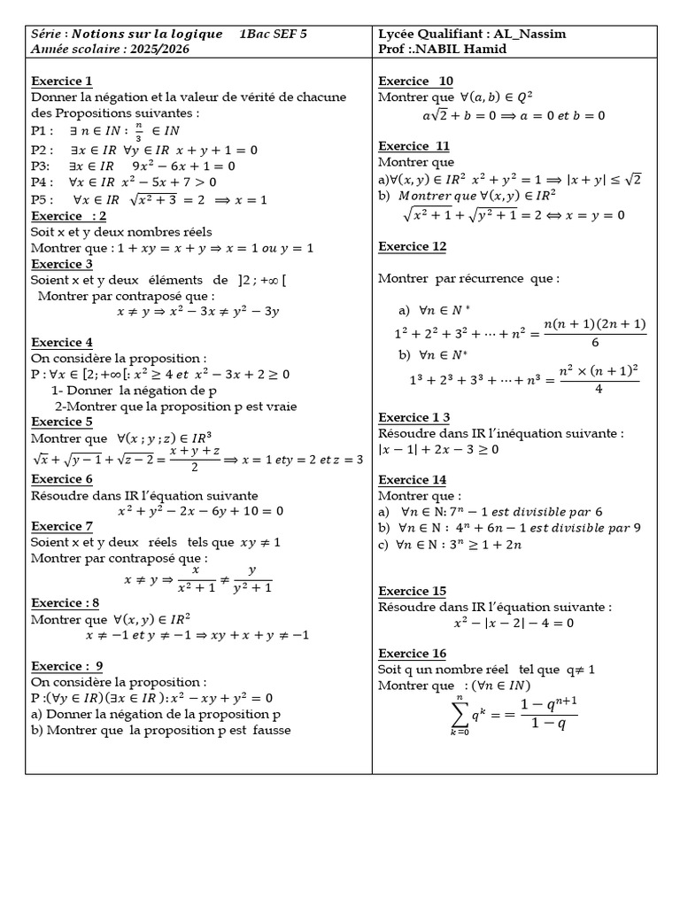 Exercices de logique et mathématiques 1Bac | PDF | Mathématiques ...