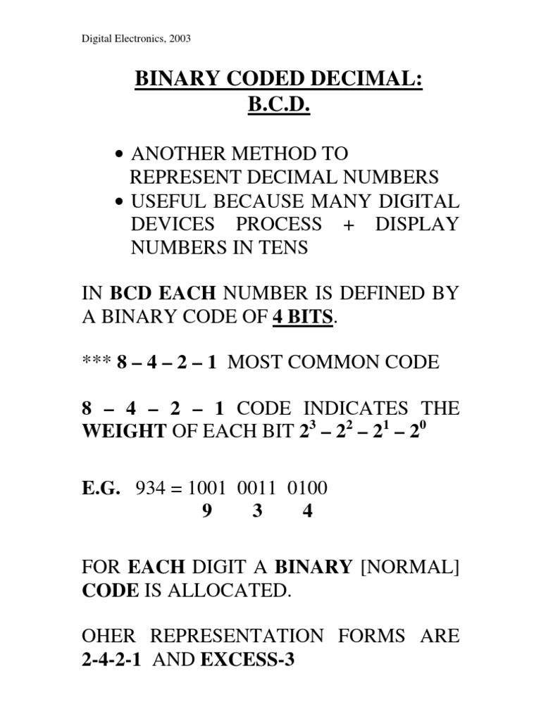 Binary Coded Decimal: B.C.D.: 8 - 4 - 2 - 1 Code Indicates The Weight ...