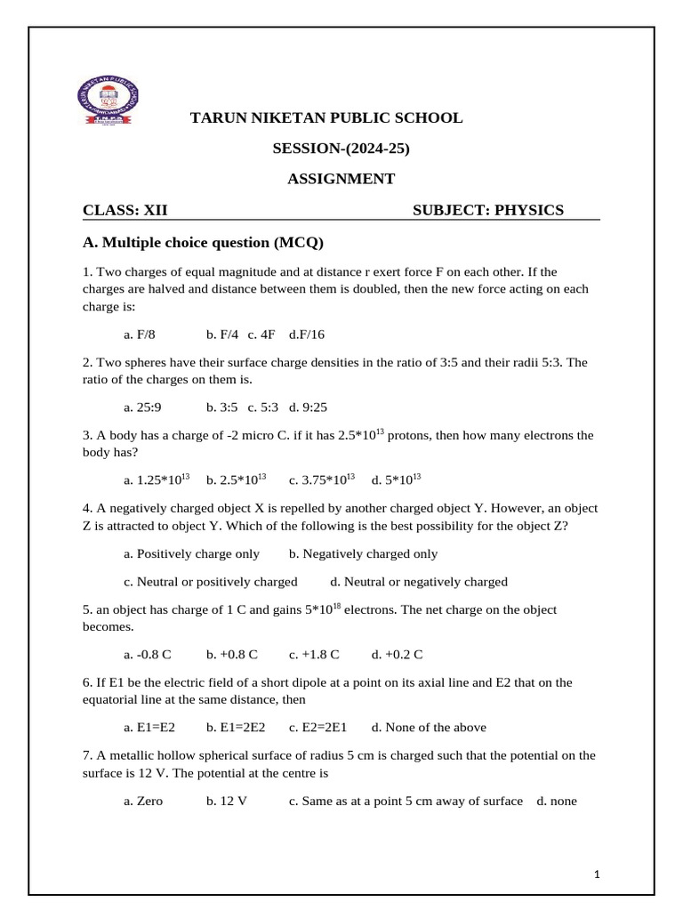 12th Physics Assignment I | PDF | Electric Charge | Electron
