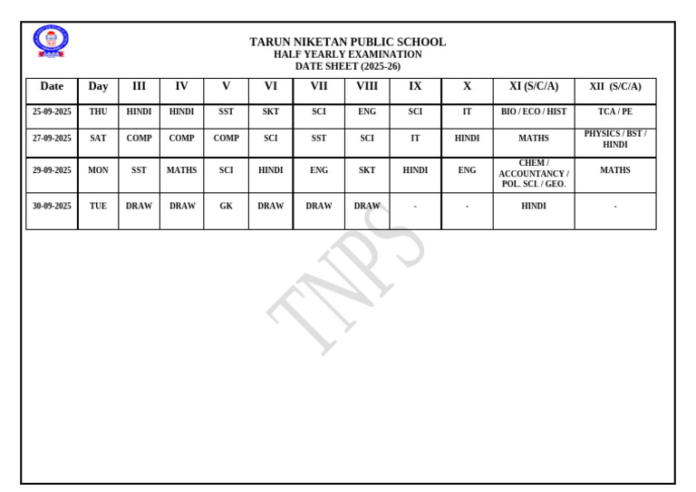Half Yearly Exam Date Sheet 2025-26 | PDF