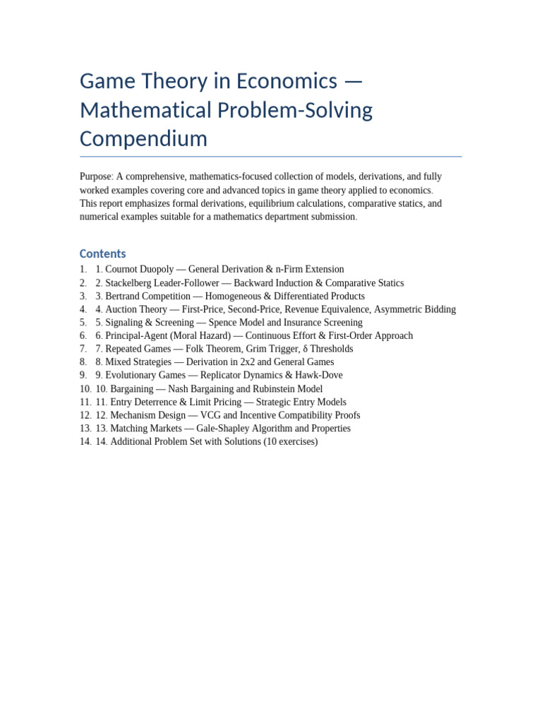 Game Theory Models in Economics Guide | PDF | Game Theory | Economic ...