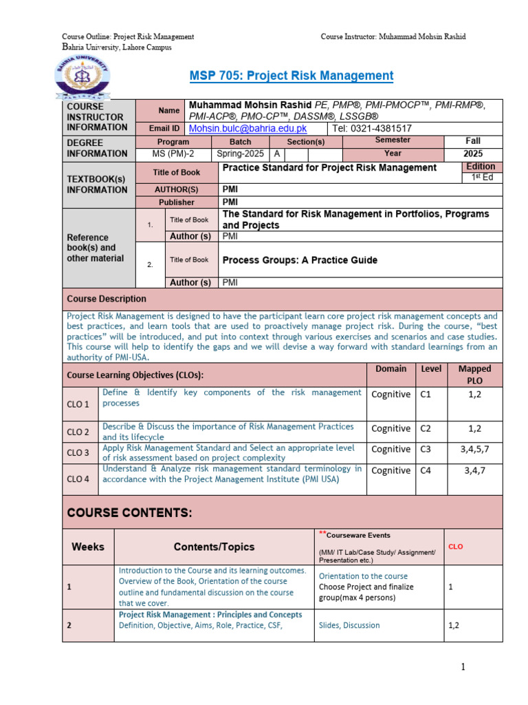 Project Risk Management Course Outline | PDF | Risk | Risk Management