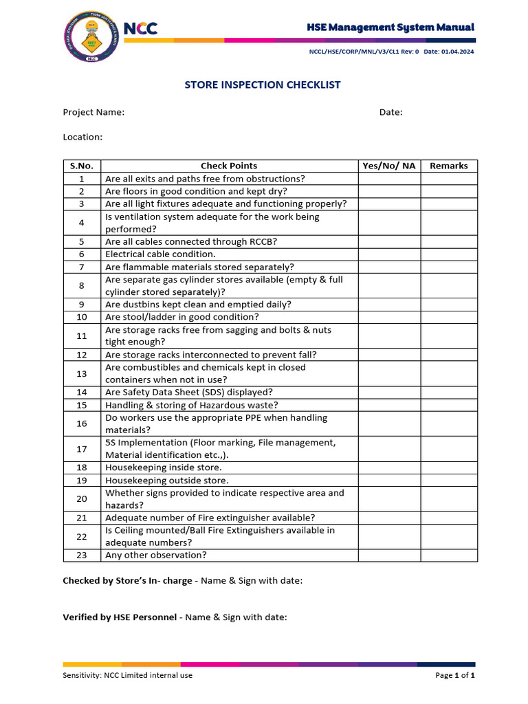 Store Safety Inspection Checklist | PDF