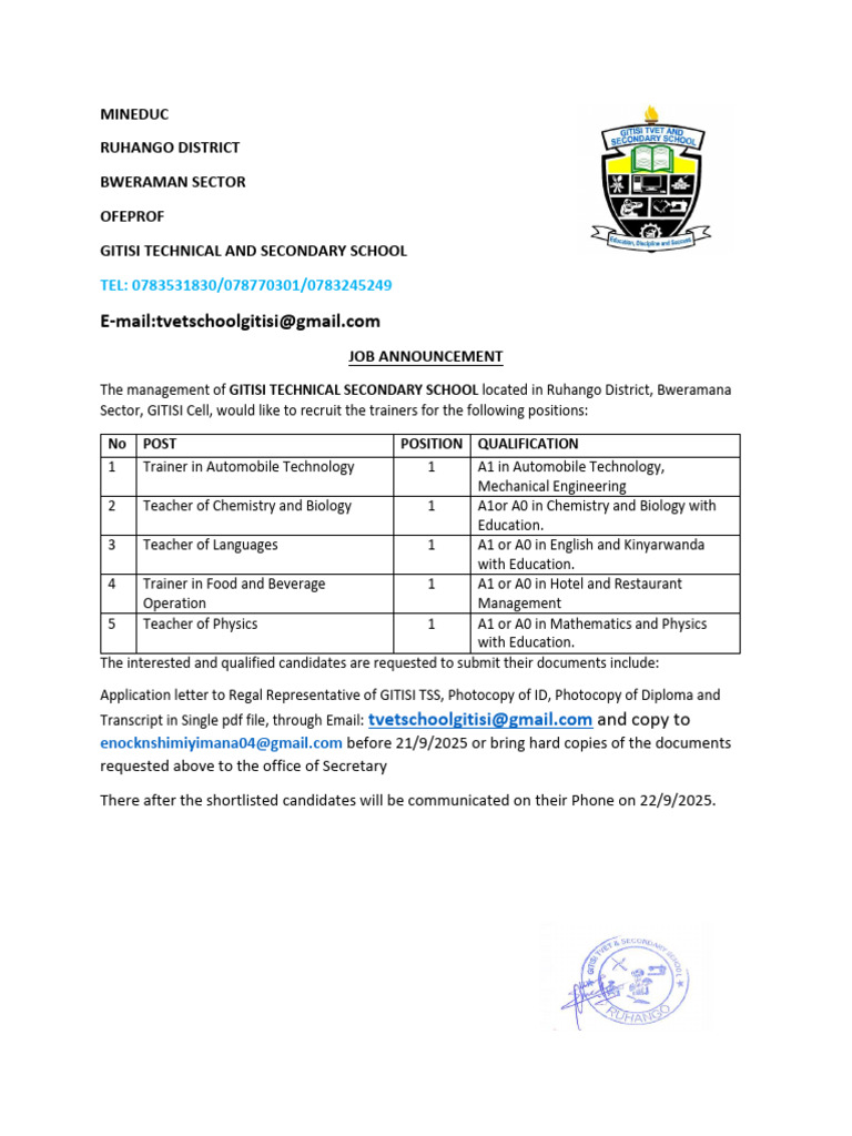 Job Openings at Gitisi Technical School | PDF