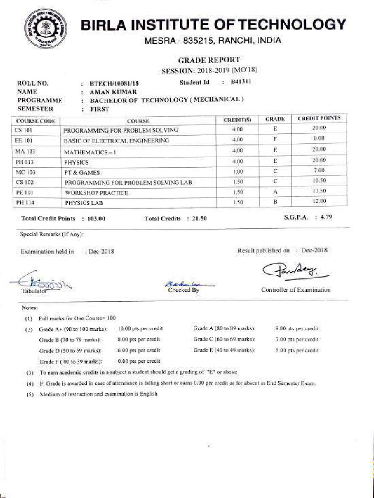 B.Tech Mechanical Engineering Grade Reports | PDF | Course Credit ...