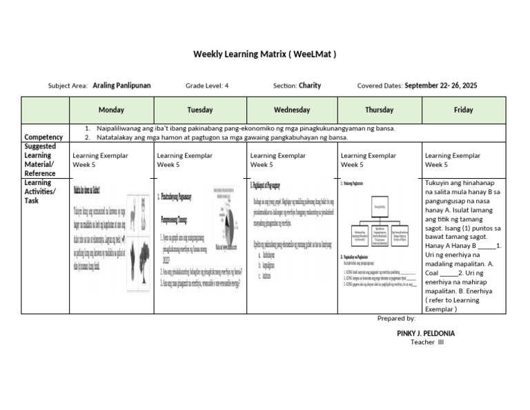 Weekly Learning Matrix (Weelmat) | PDF