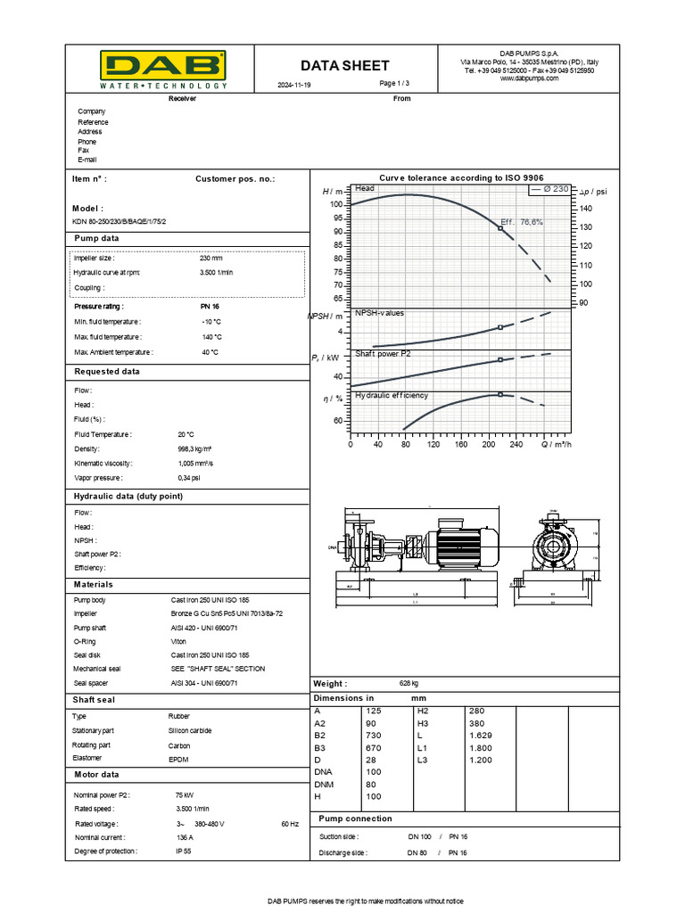 DAB Pumps KDN 80-250 Data Sheet | PDF | Pump | Gases