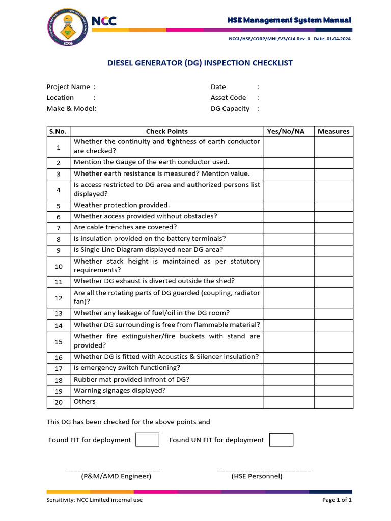 Diesel Generator Inspection Checklist | PDF