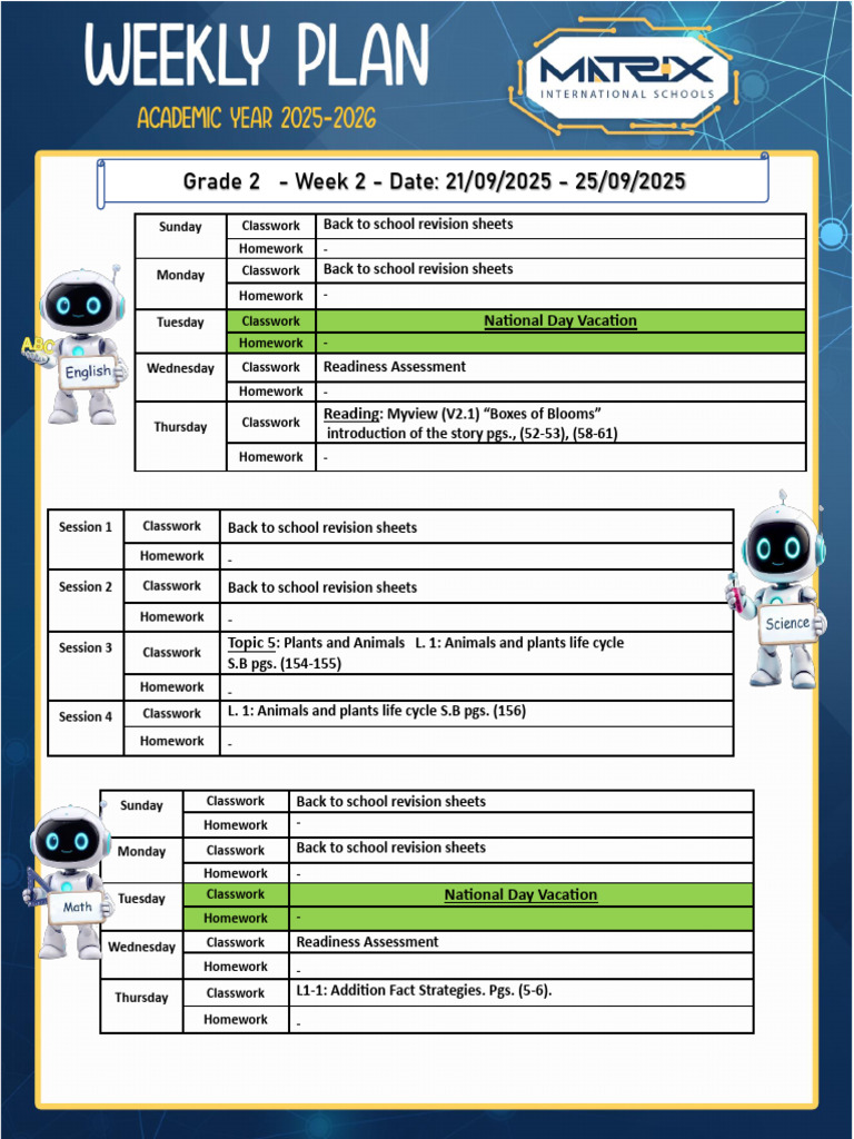 Weekly Plan Grade 2 1st Term Week 2 | PDF