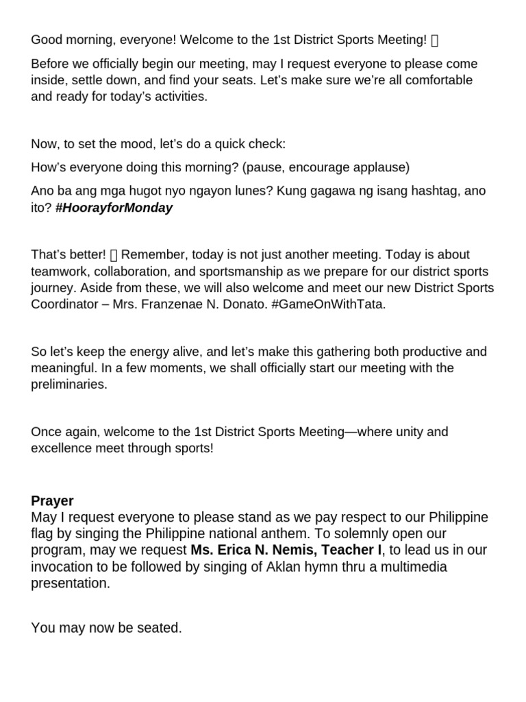 Emcee Script for District Sports Meet | PDF