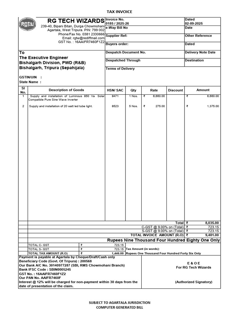 Tax Invoice for Solar Inverter Installation | PDF | Rupee | Invoice