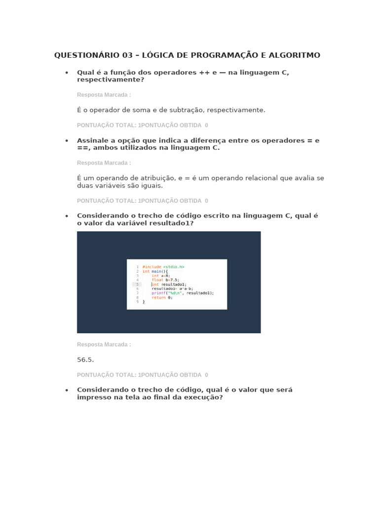 Lógica de Programação em C: Questões e Respostas | PDF