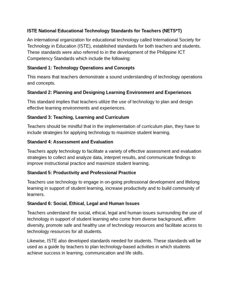 ISTE National Educational Technology Standards For Teachers | PDF ...