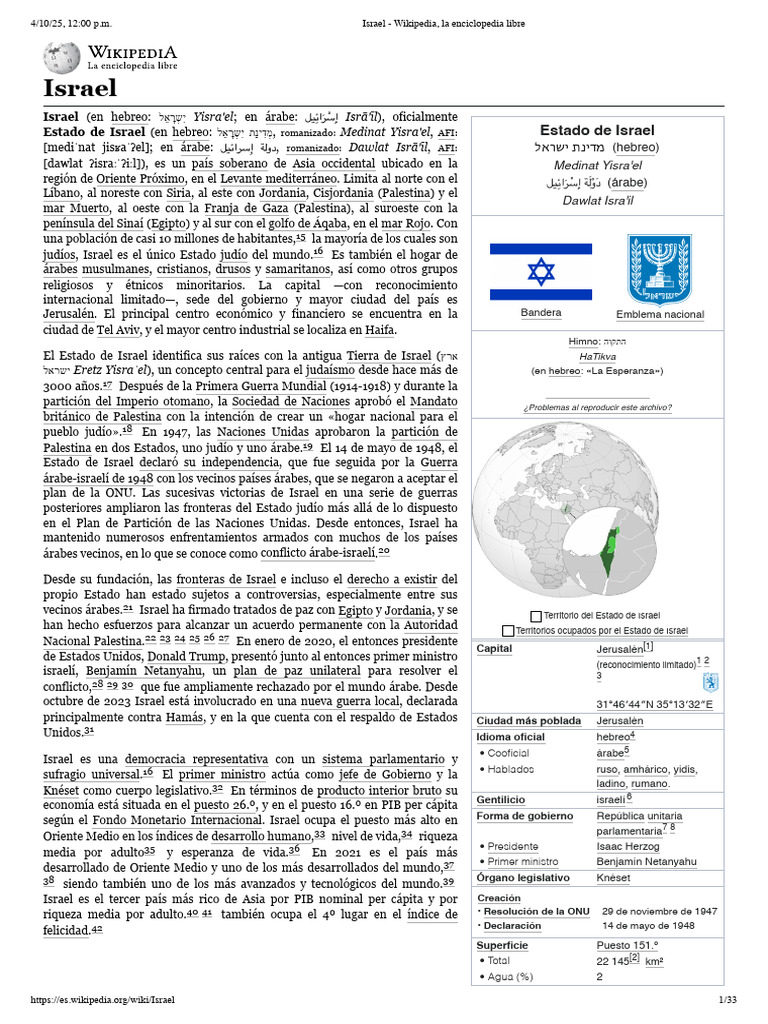 Israel - Wikipedia, La Enciclopedia Libre | PDF | Israel | Política mundial