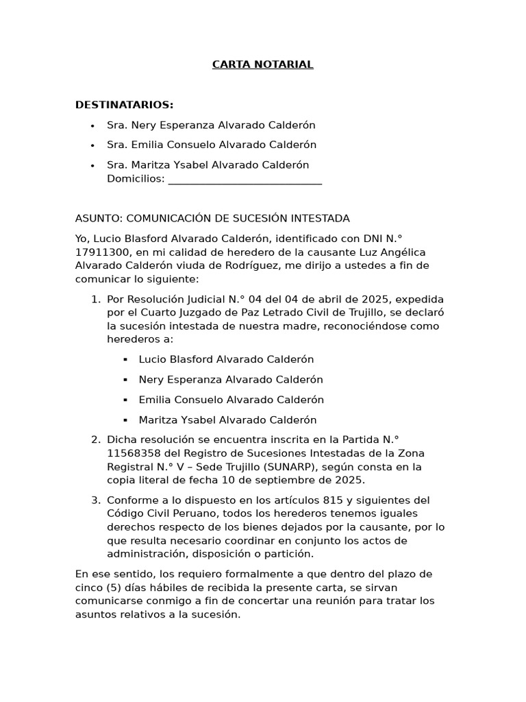 Carta Notarial de Sucesión Intestada | PDF