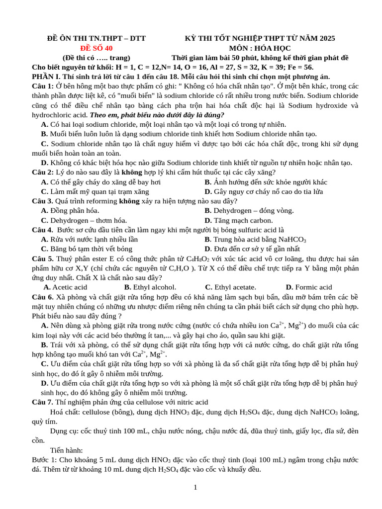 De 40 On TN - THPT 2025 - DTT Hs | PDF