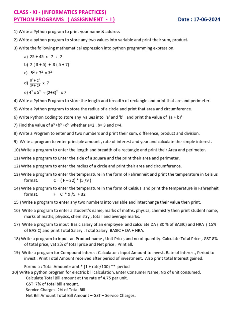 Python Programs for Class XI Assignments | PDF | Area | Value Added Tax