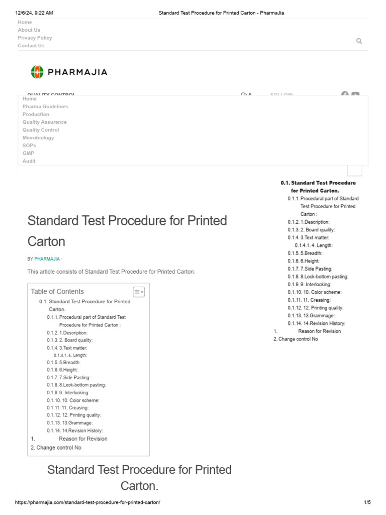 Standard Test Procedure for Printed Carton - PharmaJia | PDF