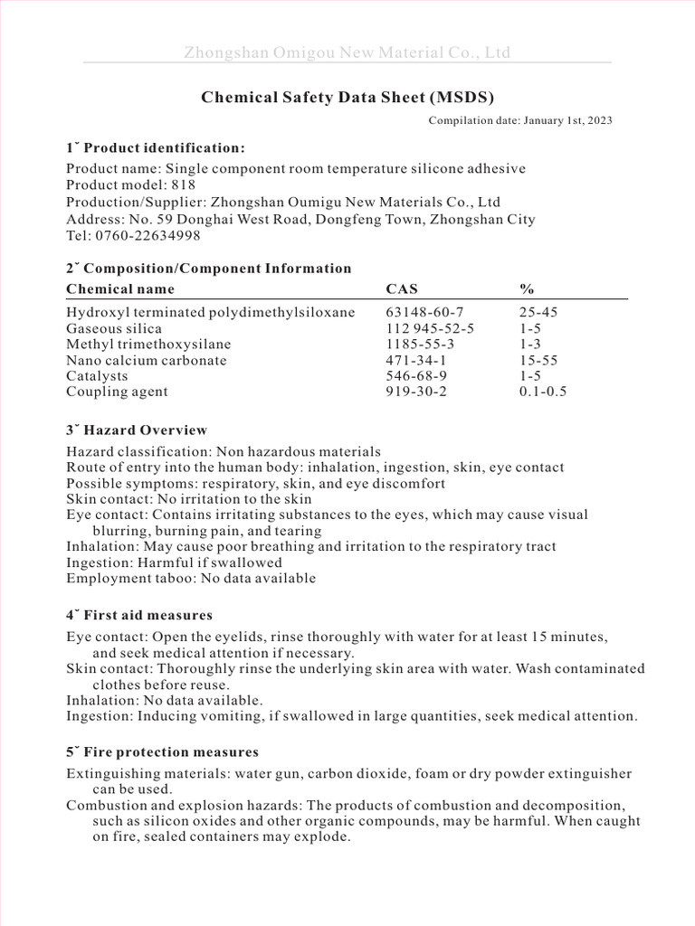 Silicone Adhesive MSDS Overview | PDF | Dangerous Goods | Chemistry