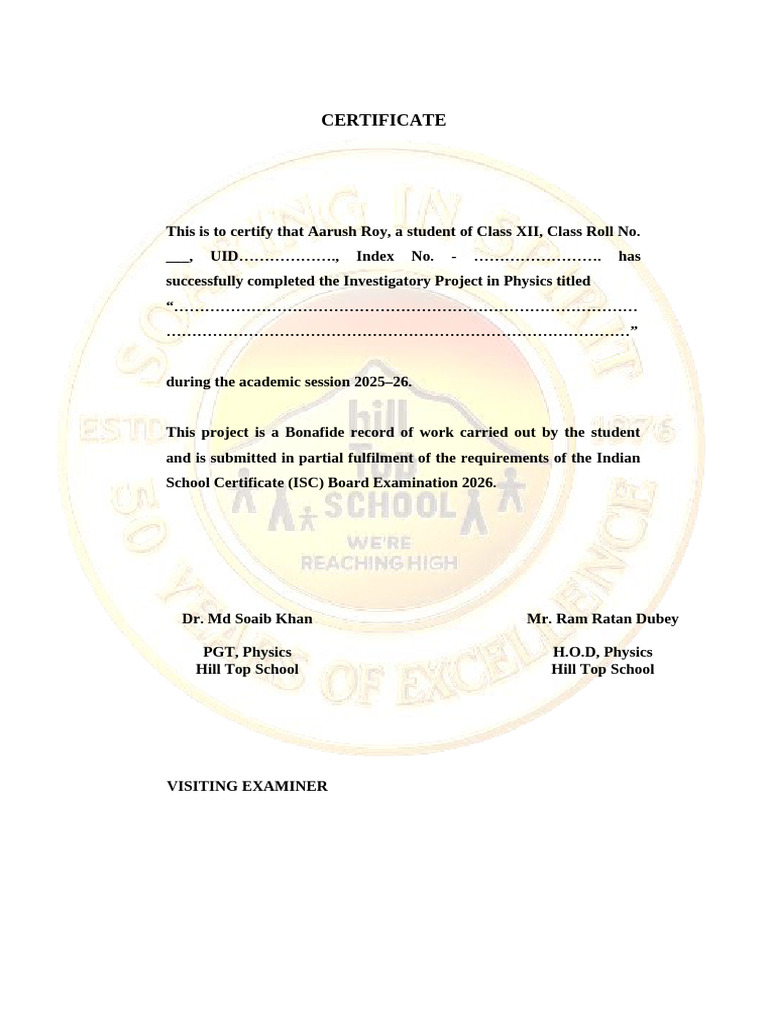 ISC Physics Project Completion Certificate | PDF