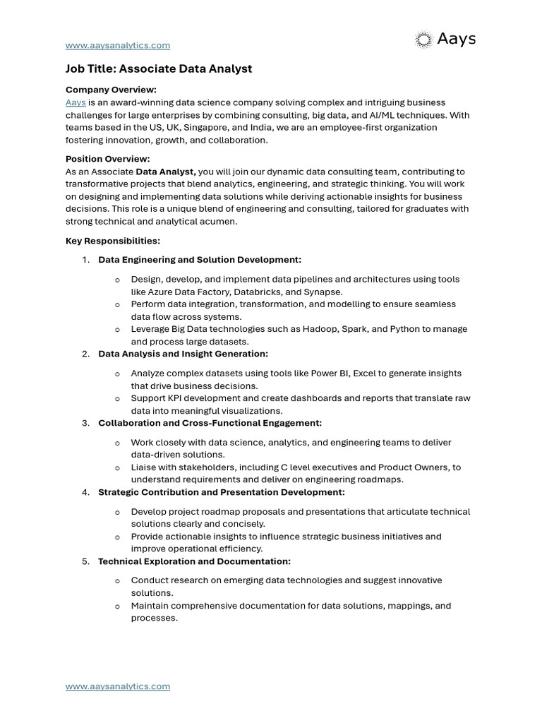 Associate Data Analyst Job at Aays Analytics | PDF | Data Analysis | Data