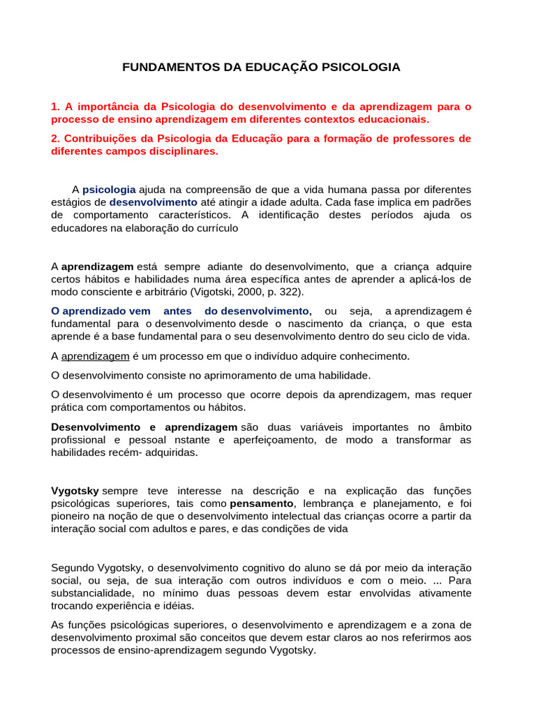 Psicologia da Educação e Vygotsky | PDF | Aprendizado | Mente inconsciente