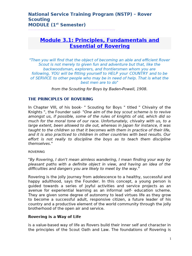 Rovering Principles and Service Learning | PDF | Scouting | Chivalry