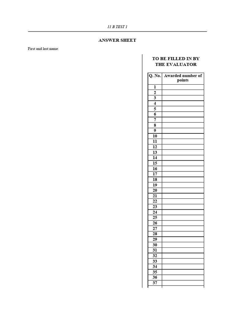 11 B Test 1 Answer Sheet | PDF