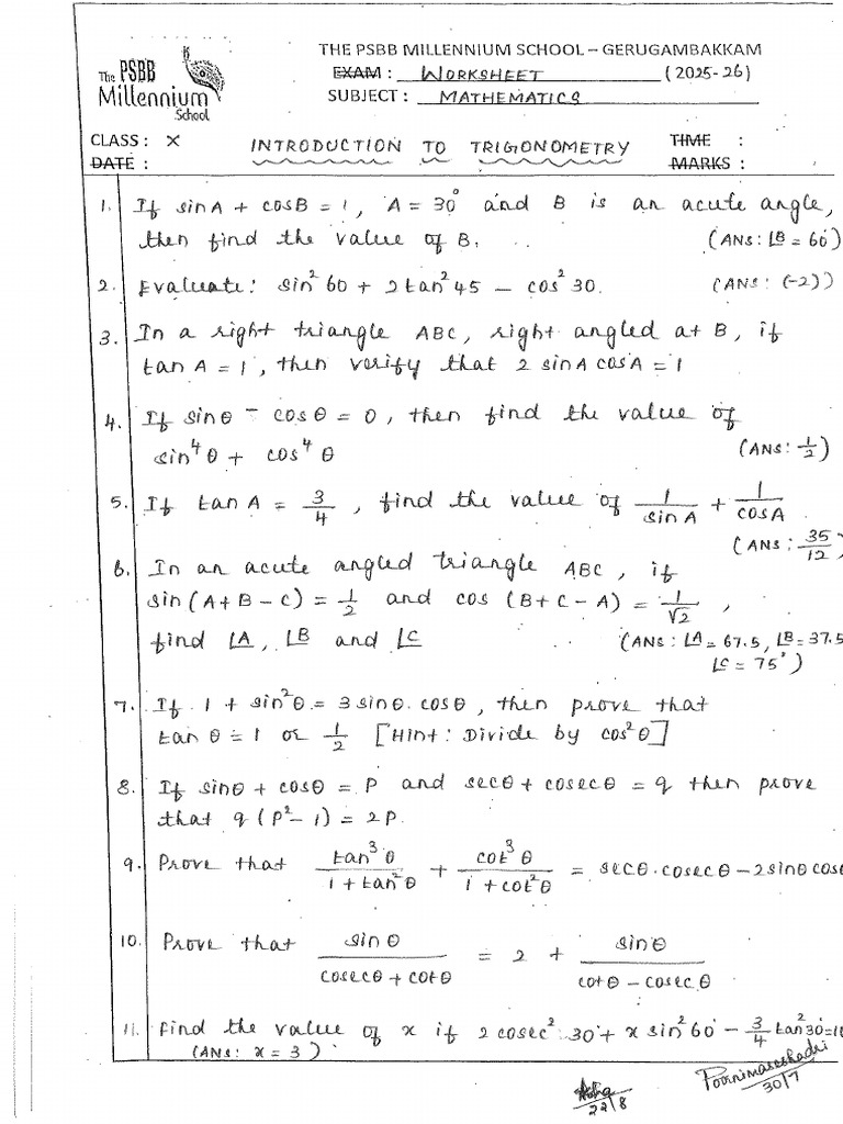 STD 10 Introduction To Trigonometry Ws (25-26) | PDF