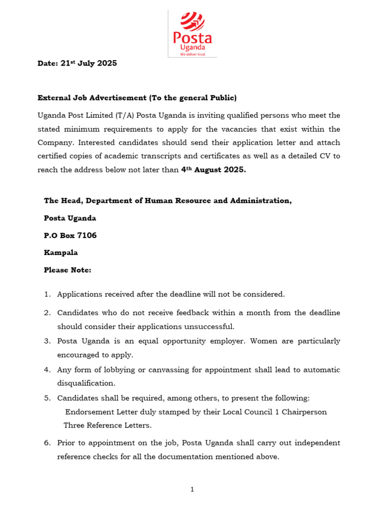 21 07 2025 JOB ADVERT Assistant Post Officer | PDF | Mail