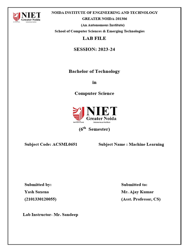 Machine Learning Lab File - B.Tech 6th Sem | PDF
