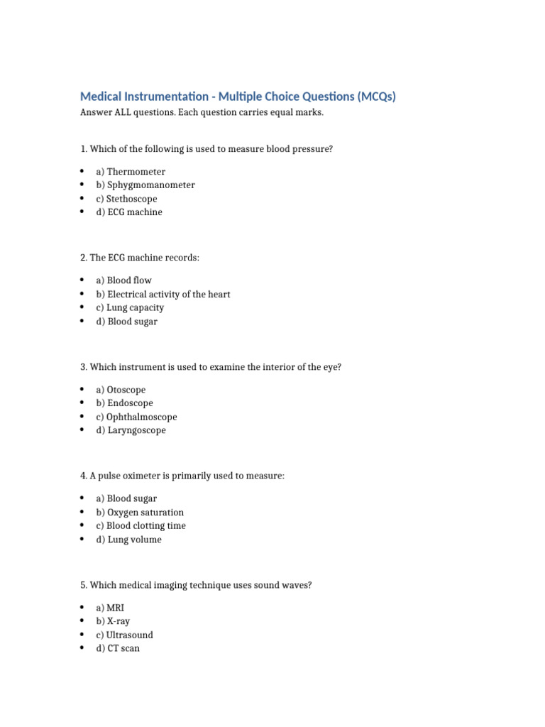 Medical Instrumentation MCQs Guide | PDF | Medical Imaging | Medical ...