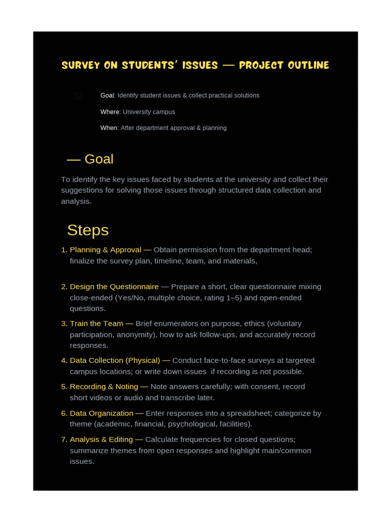 Student Issues Survey Project Outline | PDF | Questionnaire