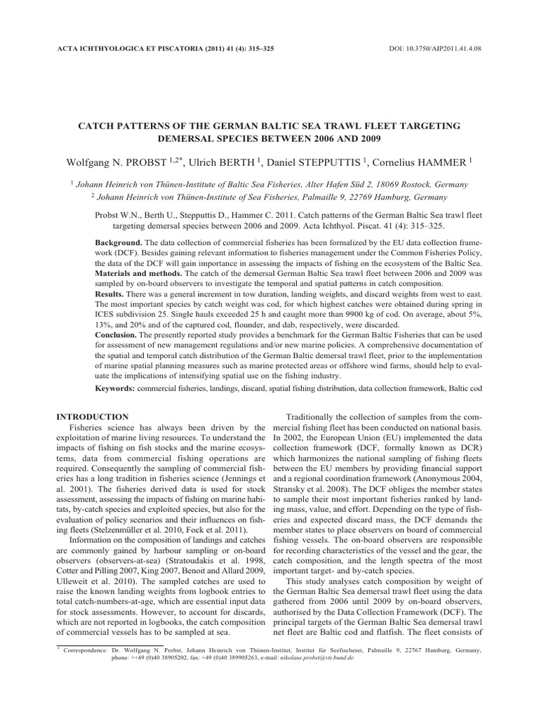 Catch Patterns of The German Baltic Sea Trawl Fleet Targeting Demersal ...