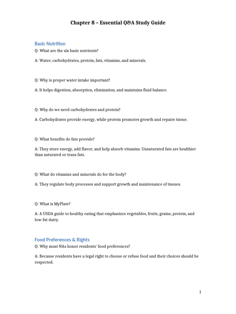Chapter8 QA StudyGuide Nursing Assistant Basics | PDF | Diet (Nutrition ...