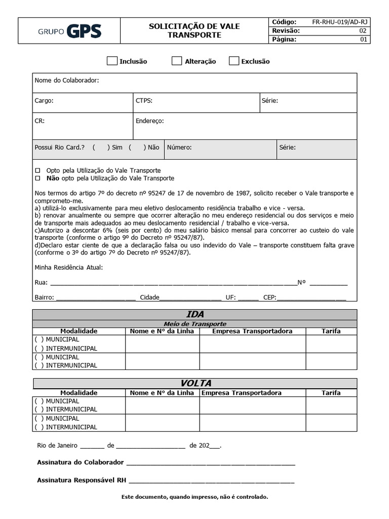 Solicitação de Vale Transporte RH | PDF