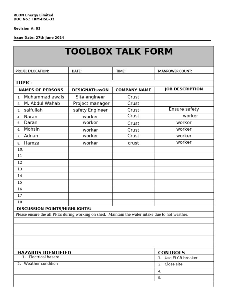 Toolbox Talk Safety Guidelines | PDF