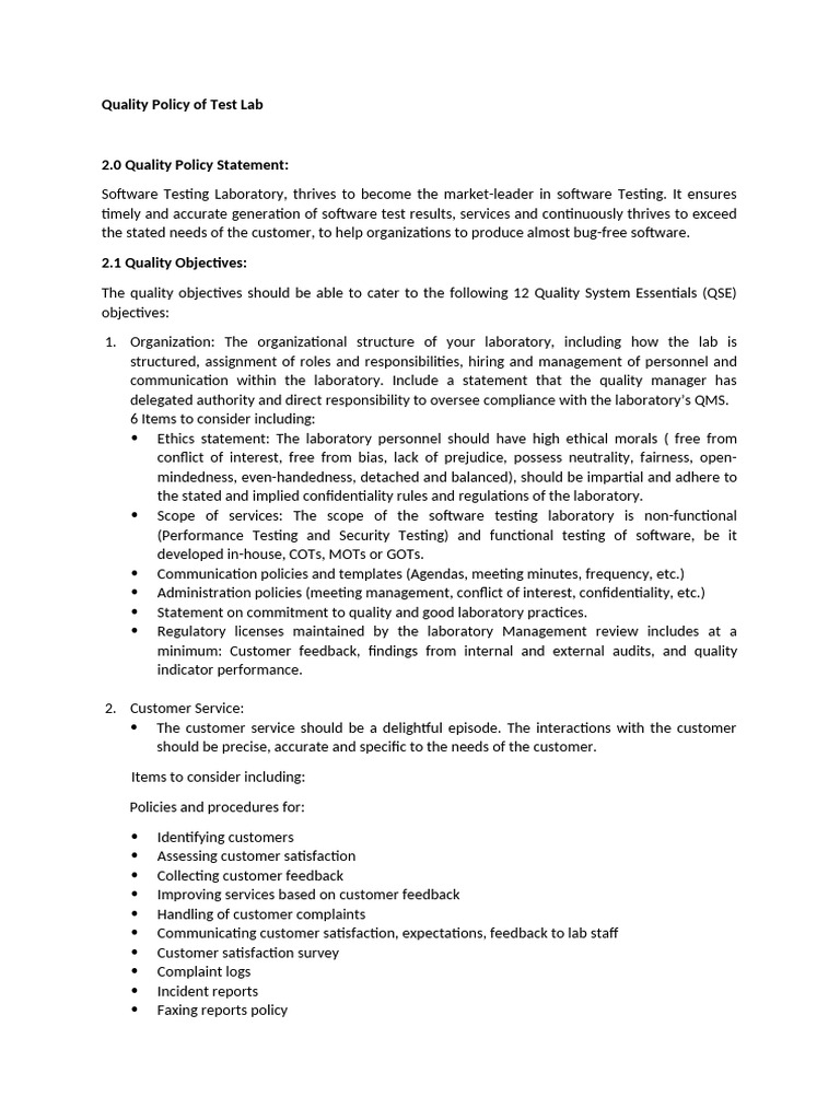 Test Lab Quality Policy Overview | PDF | Verification And Validation ...
