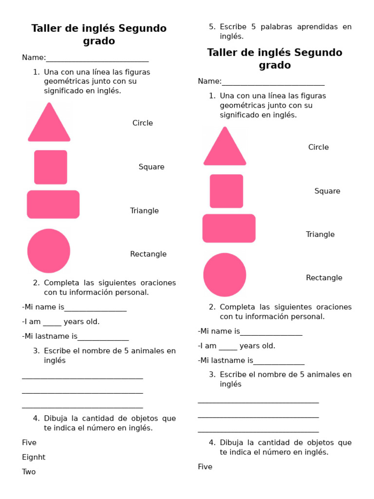 Taller de inglés para segundo grado | PDF