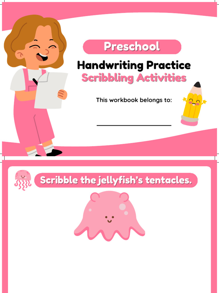 Scribbling Handwriting Practice Workbook in Pink Cartoon Style ...