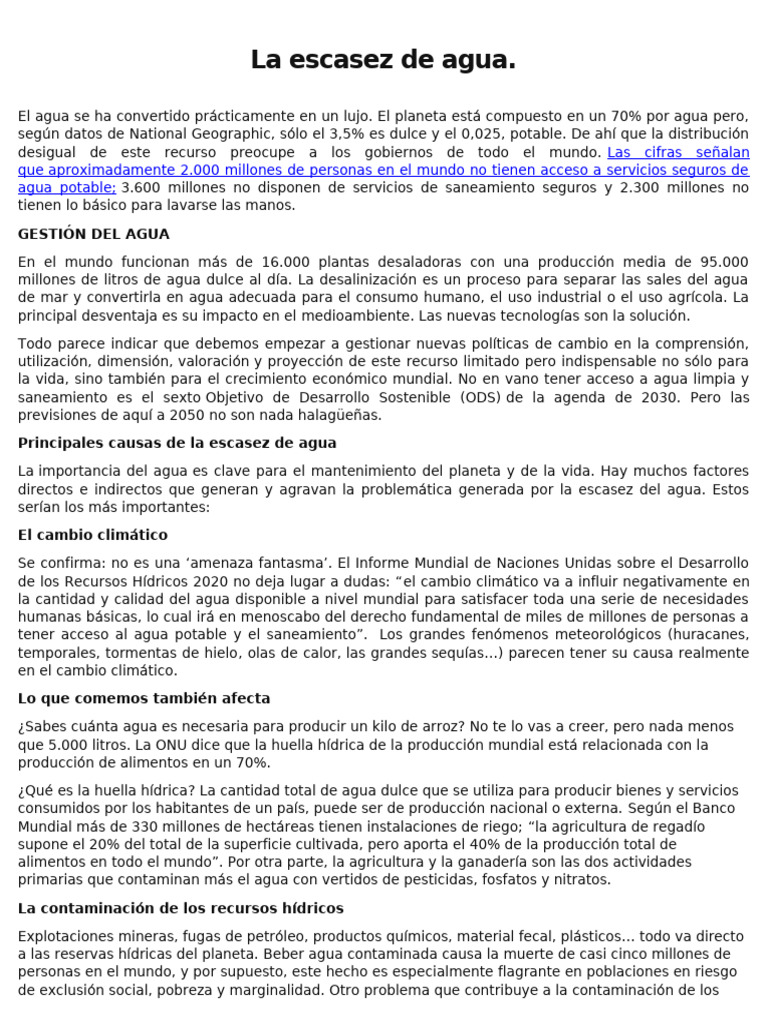 Escasez de agua: causas y soluciones | PDF | Agua | Recursos hídricos