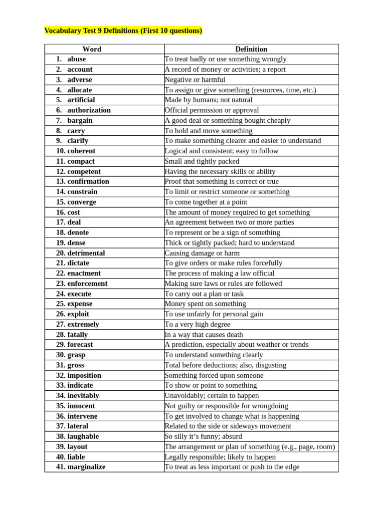 Vocabulary Test: Definitions 1-10 | PDF