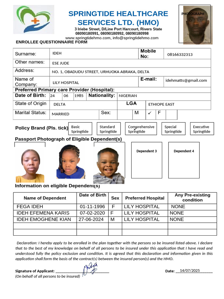 Springtide Healthcare Enrollee Form | PDF | Social Programs | Health Care