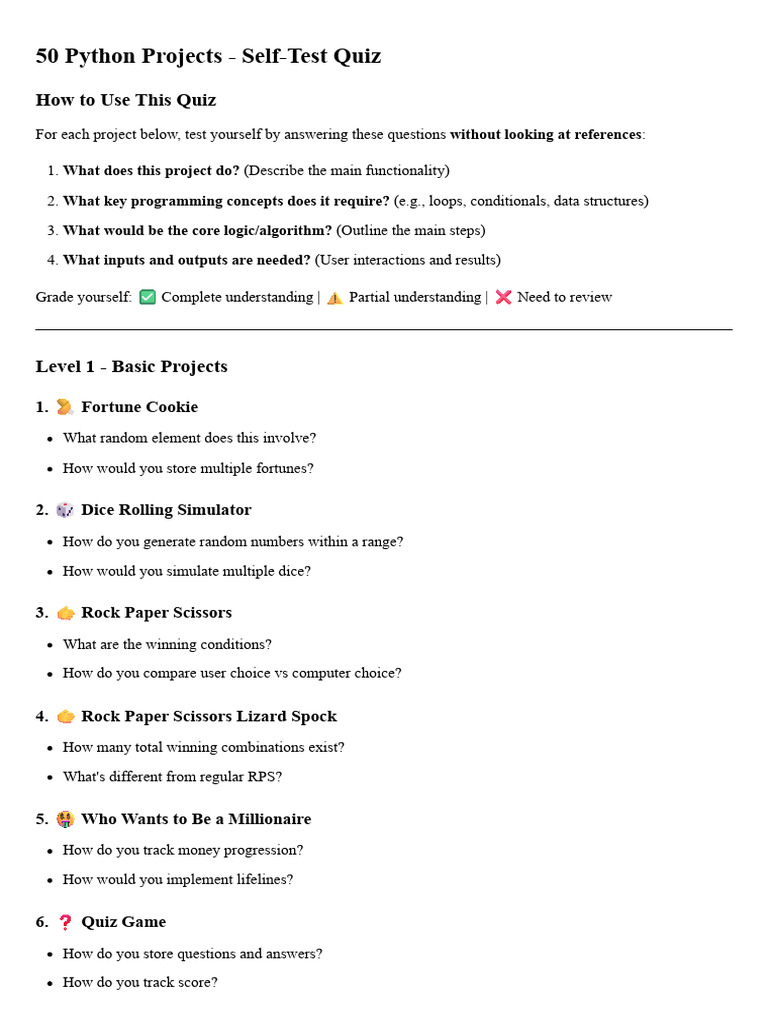 50 Python Projects Self-Test Quiz | PDF
