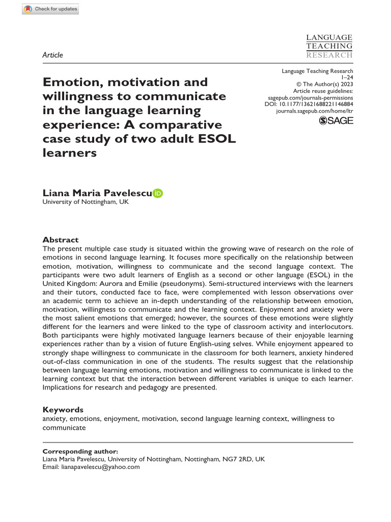 Emotions and Motivation in ESOL Learning | PDF | Second Language ...