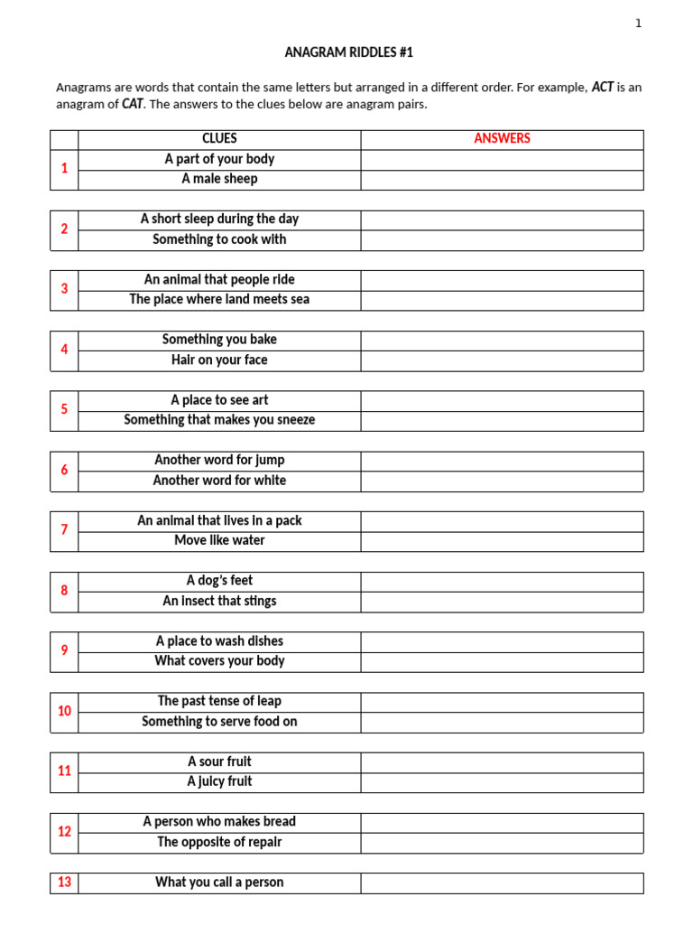 Anagram Riddles: Fun Word Pairs | PDF
