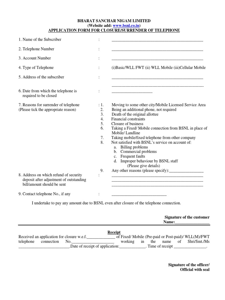 Official BSNL Landline Closure Form Landline Prepaid Mobile Phone