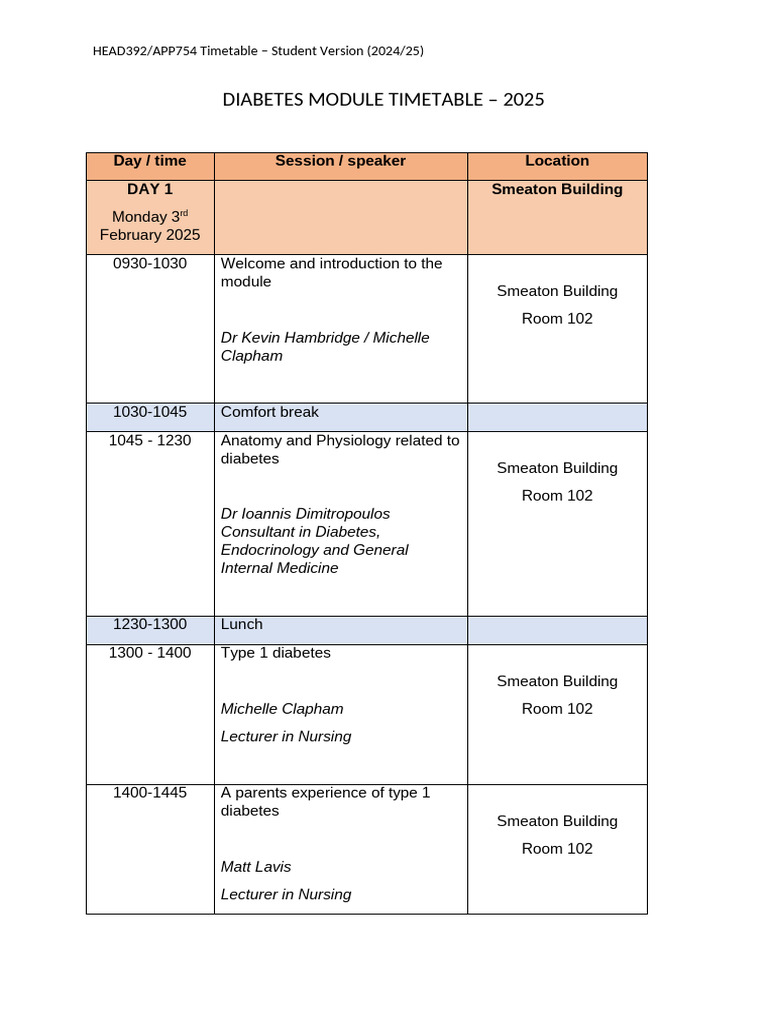 Diabetes Module Timetable 2025 | PDF | Medicine | Disorders Of ...