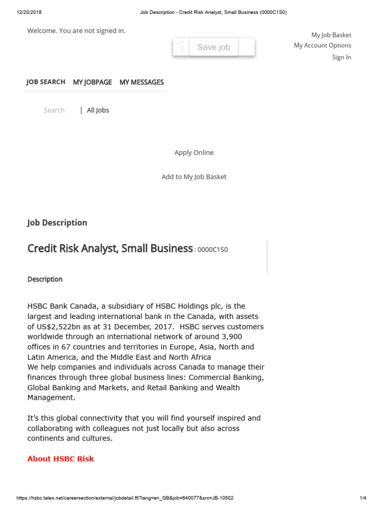 Job Description - Credit Risk Analyst, Small Business (0000C1S0) | PDF ...